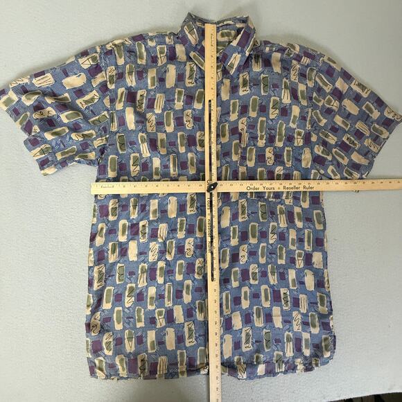 Robert Stock Silk Short Sleeve Button Front Shirt Blue Abstract One Size - Picture 3 of 5